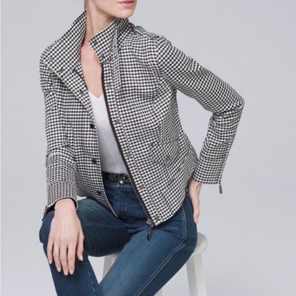White House Black Market black & white gingham moto jacket size 8